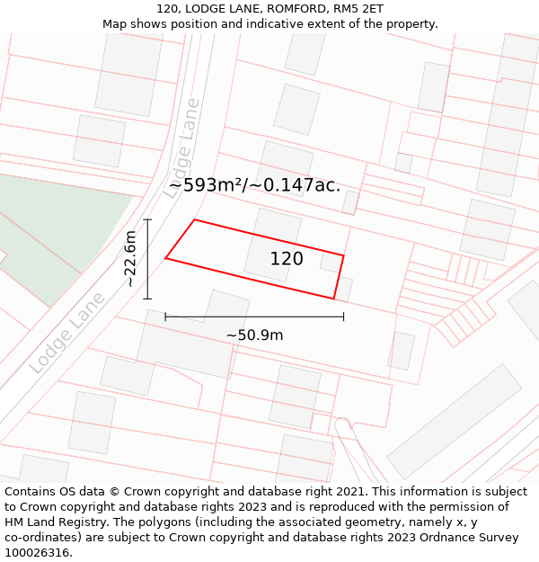 120, LODGE LANE, ROMFORD, RM5 2ET: Plot and title map