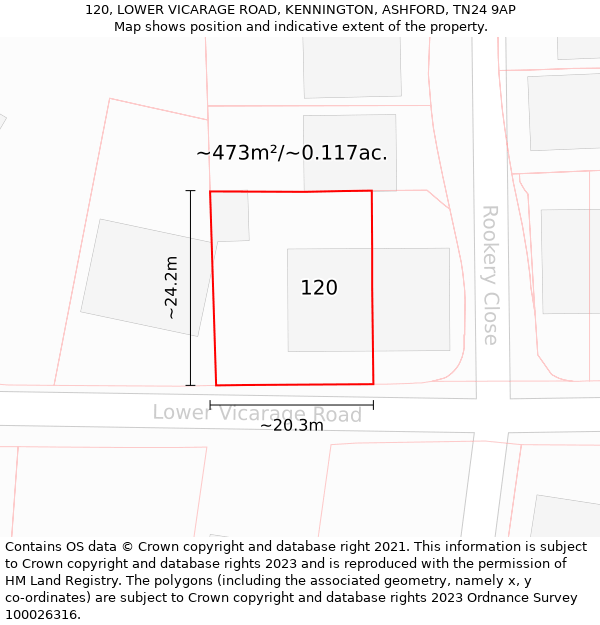 120, LOWER VICARAGE ROAD, KENNINGTON, ASHFORD, TN24 9AP: Plot and title map