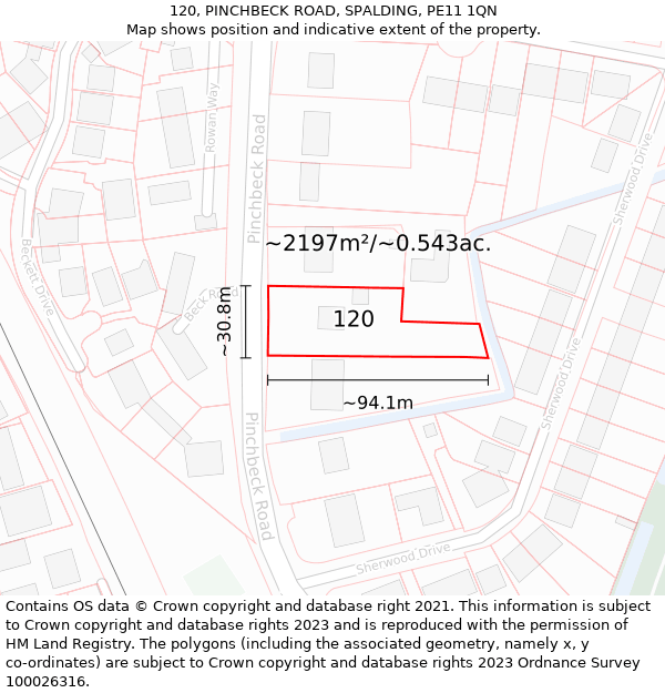 120, PINCHBECK ROAD, SPALDING, PE11 1QN: Plot and title map