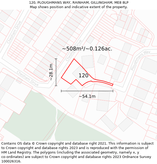 120, PLOUGHMANS WAY, RAINHAM, GILLINGHAM, ME8 8LP: Plot and title map