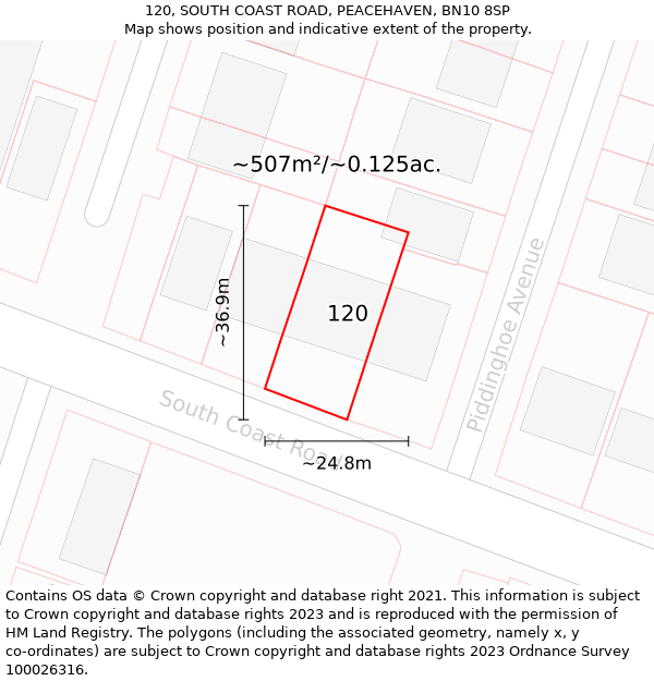 120, SOUTH COAST ROAD, PEACEHAVEN, BN10 8SP: Plot and title map