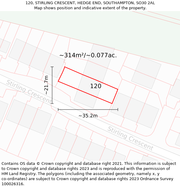 120, STIRLING CRESCENT, HEDGE END, SOUTHAMPTON, SO30 2AL: Plot and title map