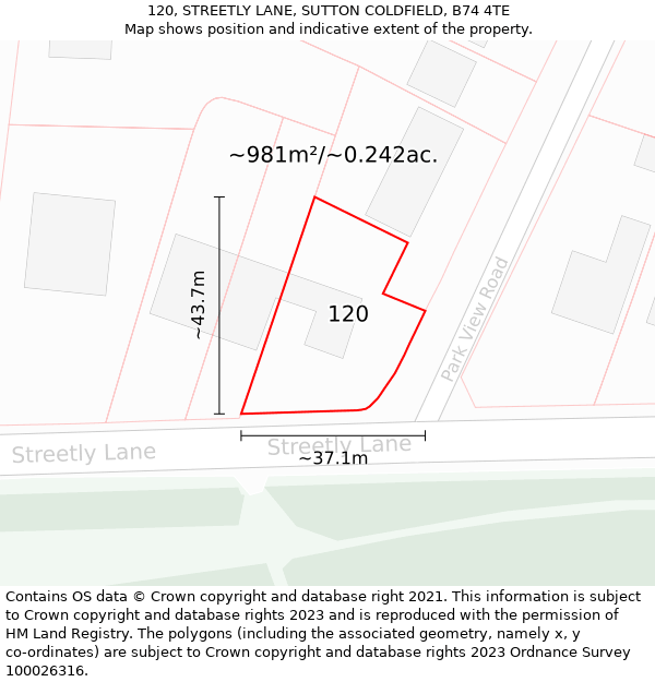 120, STREETLY LANE, SUTTON COLDFIELD, B74 4TE: Plot and title map