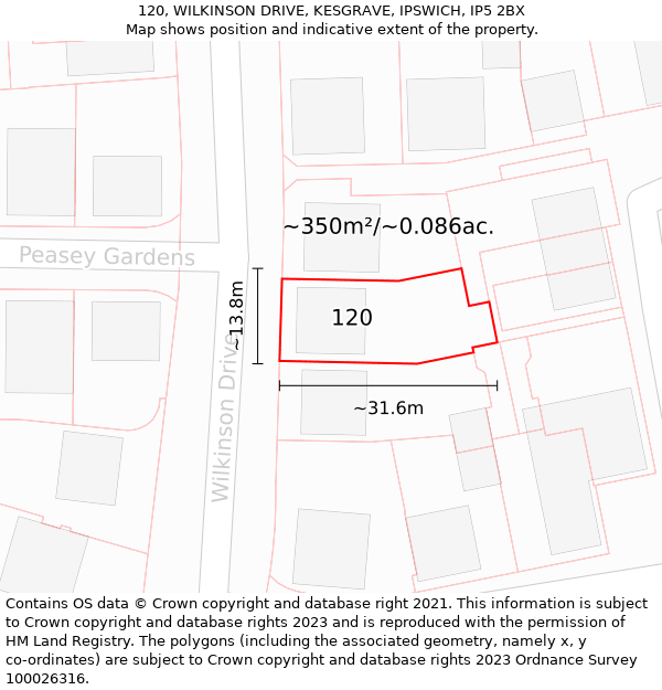 120, WILKINSON DRIVE, KESGRAVE, IPSWICH, IP5 2BX: Plot and title map