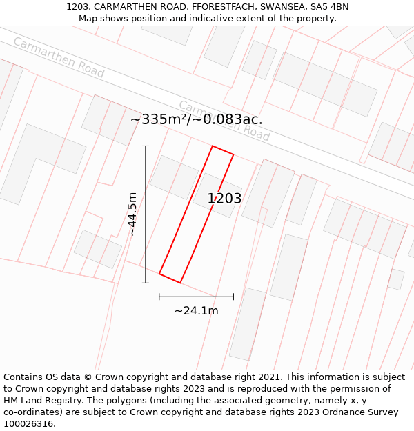 1203, CARMARTHEN ROAD, FFORESTFACH, SWANSEA, SA5 4BN: Plot and title map