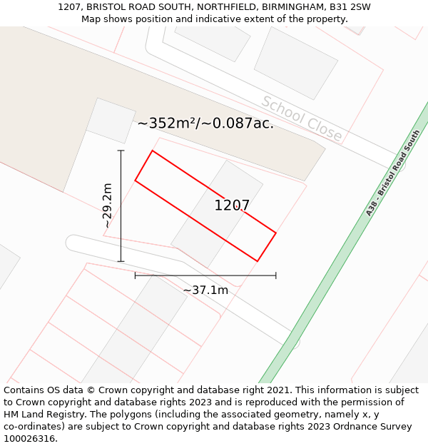 1207, BRISTOL ROAD SOUTH, NORTHFIELD, BIRMINGHAM, B31 2SW: Plot and title map