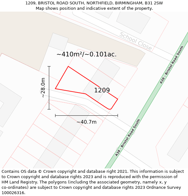 1209, BRISTOL ROAD SOUTH, NORTHFIELD, BIRMINGHAM, B31 2SW: Plot and title map