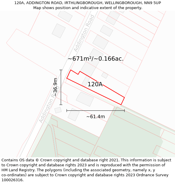 120A, ADDINGTON ROAD, IRTHLINGBOROUGH, WELLINGBOROUGH, NN9 5UP: Plot and title map