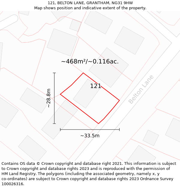 121, BELTON LANE, GRANTHAM, NG31 9HW: Plot and title map