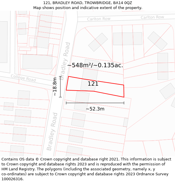 121, BRADLEY ROAD, TROWBRIDGE, BA14 0QZ: Plot and title map