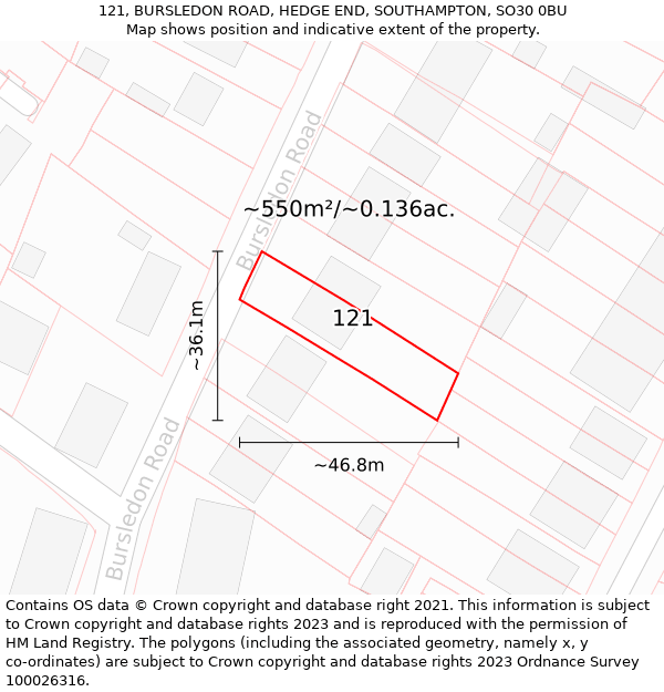 121, BURSLEDON ROAD, HEDGE END, SOUTHAMPTON, SO30 0BU: Plot and title map