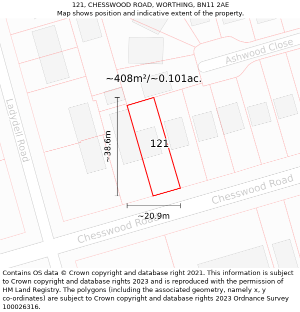 121, CHESSWOOD ROAD, WORTHING, BN11 2AE: Plot and title map