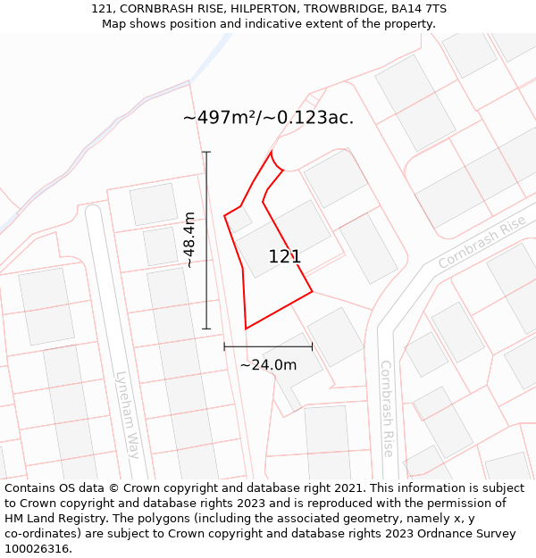 121, CORNBRASH RISE, HILPERTON, TROWBRIDGE, BA14 7TS: Plot and title map