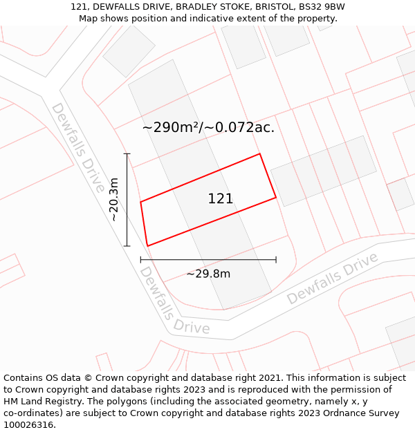 121, DEWFALLS DRIVE, BRADLEY STOKE, BRISTOL, BS32 9BW: Plot and title map