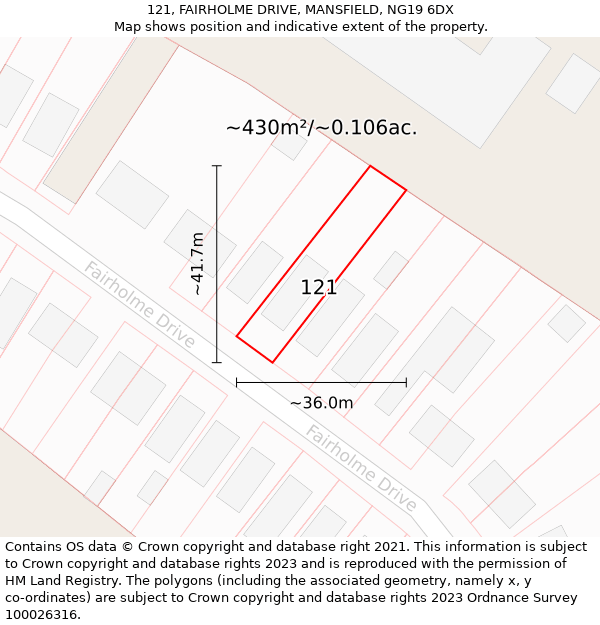 121, FAIRHOLME DRIVE, MANSFIELD, NG19 6DX: Plot and title map