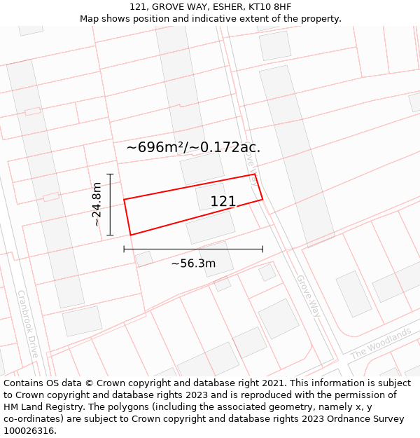 121, GROVE WAY, ESHER, KT10 8HF: Plot and title map