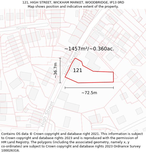 121, HIGH STREET, WICKHAM MARKET, WOODBRIDGE, IP13 0RD: Plot and title map