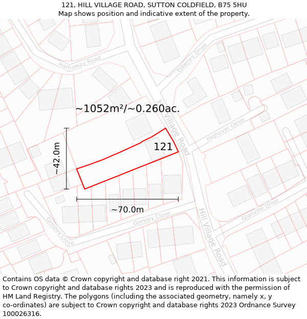 121, HILL VILLAGE ROAD, SUTTON COLDFIELD, B75 5HU: Plot and title map