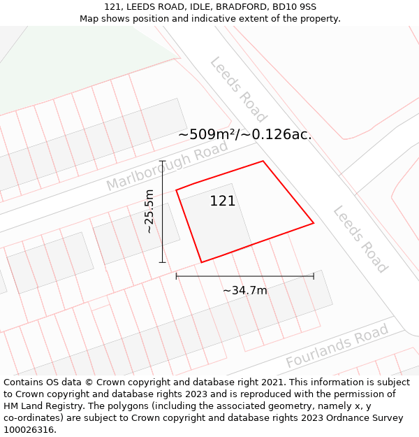 121, LEEDS ROAD, IDLE, BRADFORD, BD10 9SS: Plot and title map