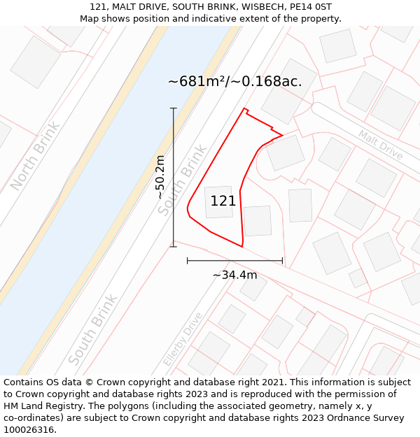 121, MALT DRIVE, SOUTH BRINK, WISBECH, PE14 0ST: Plot and title map