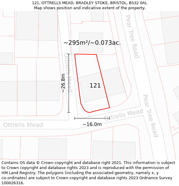 121, OTTRELLS MEAD, BRADLEY STOKE, BRISTOL, BS32 0AL: Plot and title map