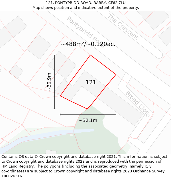 121, PONTYPRIDD ROAD, BARRY, CF62 7LU: Plot and title map