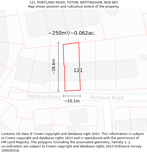 121, PORTLAND ROAD, TOTON, NOTTINGHAM, NG9 6EX: Plot and title map