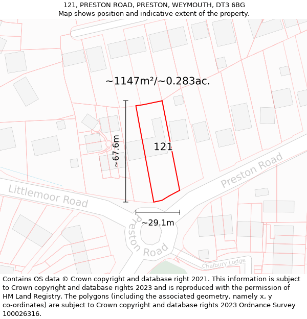 121, PRESTON ROAD, PRESTON, WEYMOUTH, DT3 6BG: Plot and title map