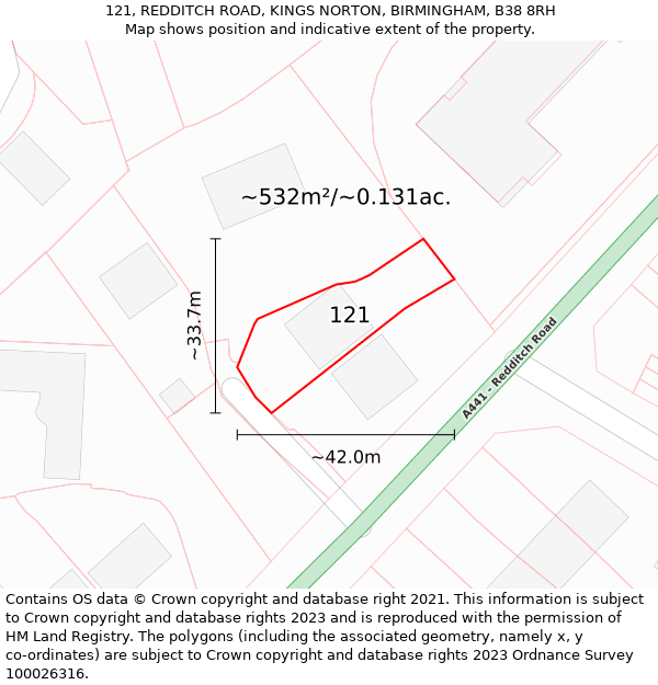 121, REDDITCH ROAD, KINGS NORTON, BIRMINGHAM, B38 8RH: Plot and title map