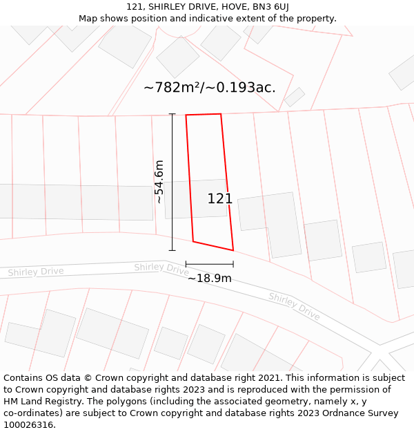 121, SHIRLEY DRIVE, HOVE, BN3 6UJ: Plot and title map