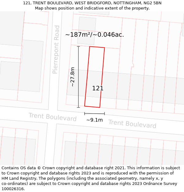 121, TRENT BOULEVARD, WEST BRIDGFORD, NOTTINGHAM, NG2 5BN: Plot and title map