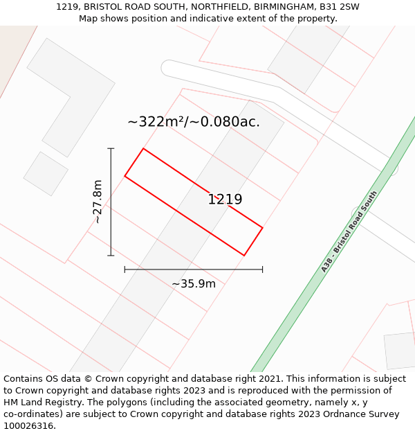 1219, BRISTOL ROAD SOUTH, NORTHFIELD, BIRMINGHAM, B31 2SW: Plot and title map