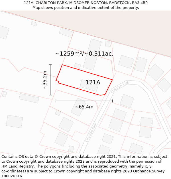 121A, CHARLTON PARK, MIDSOMER NORTON, RADSTOCK, BA3 4BP: Plot and title map