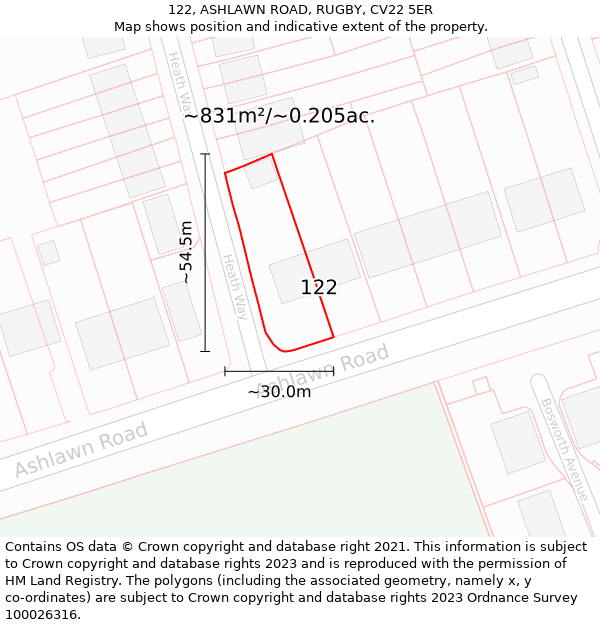 122, ASHLAWN ROAD, RUGBY, CV22 5ER: Plot and title map