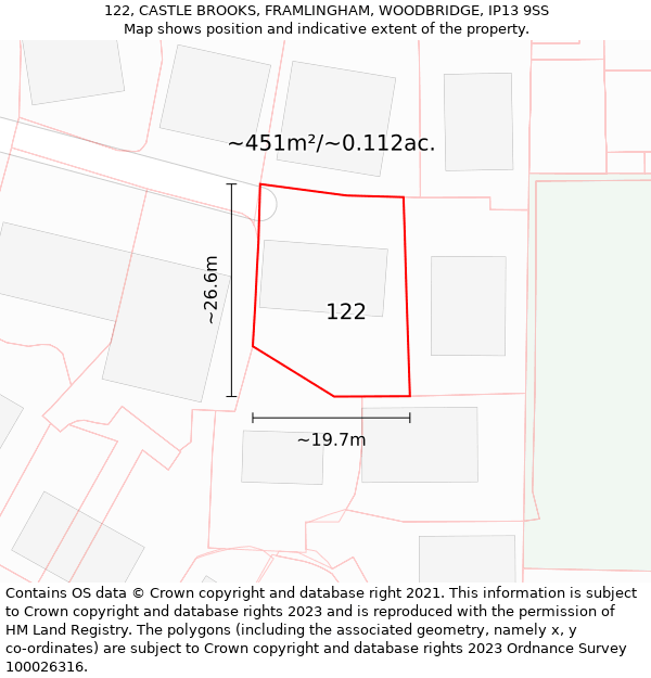 122, CASTLE BROOKS, FRAMLINGHAM, WOODBRIDGE, IP13 9SS: Plot and title map