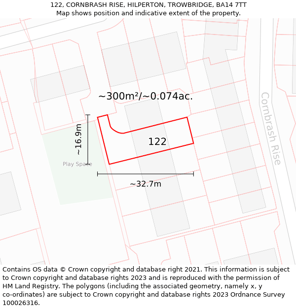 122, CORNBRASH RISE, HILPERTON, TROWBRIDGE, BA14 7TT: Plot and title map