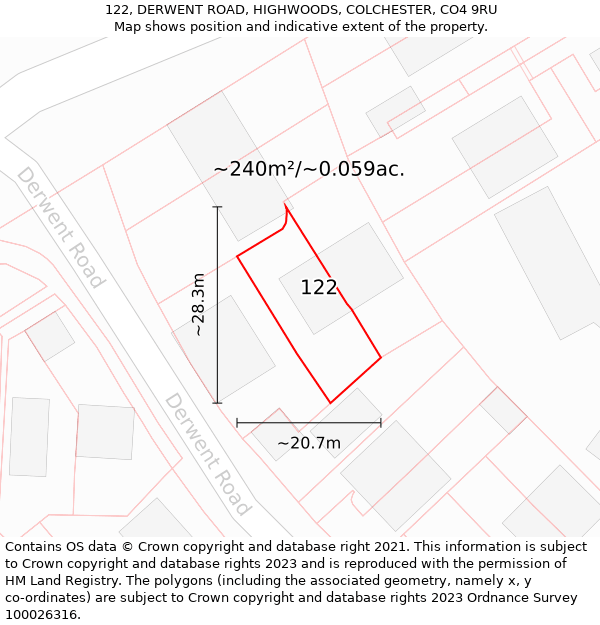 122, DERWENT ROAD, HIGHWOODS, COLCHESTER, CO4 9RU: Plot and title map