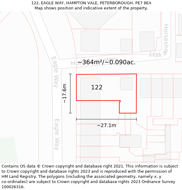 122, EAGLE WAY, HAMPTON VALE, PETERBOROUGH, PE7 8EA: Plot and title map