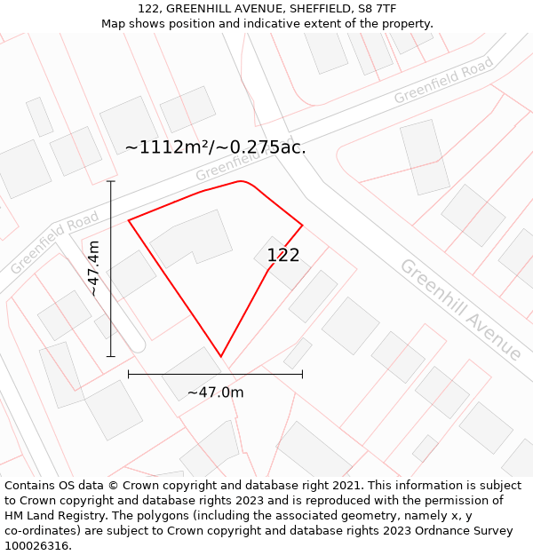 122, GREENHILL AVENUE, SHEFFIELD, S8 7TF: Plot and title map