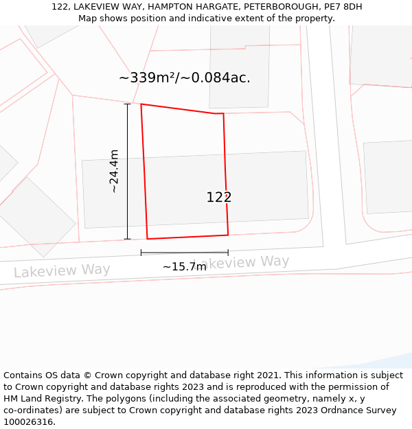 122, LAKEVIEW WAY, HAMPTON HARGATE, PETERBOROUGH, PE7 8DH: Plot and title map