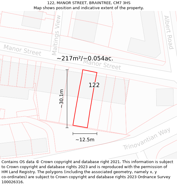 122, MANOR STREET, BRAINTREE, CM7 3HS: Plot and title map