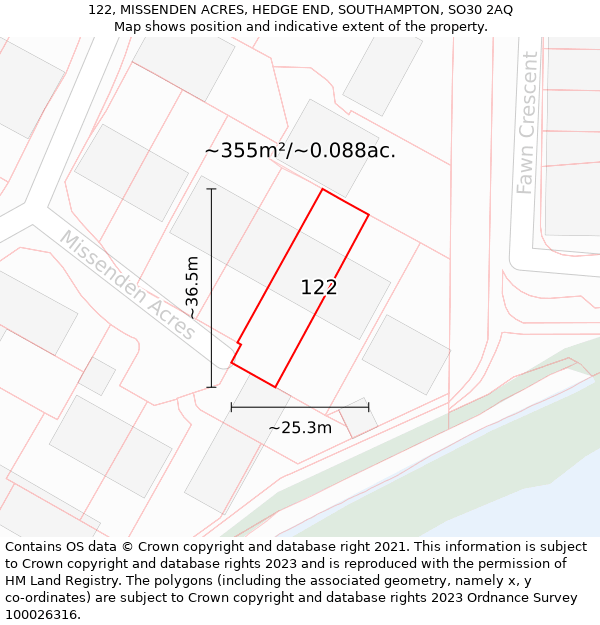 122, MISSENDEN ACRES, HEDGE END, SOUTHAMPTON, SO30 2AQ: Plot and title map