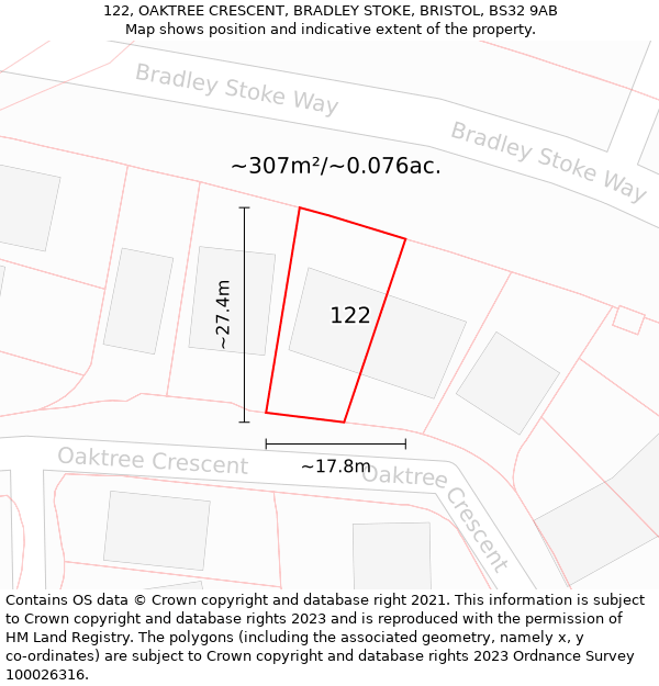 122, OAKTREE CRESCENT, BRADLEY STOKE, BRISTOL, BS32 9AB: Plot and title map