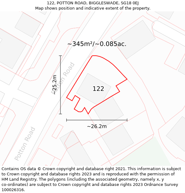 122, POTTON ROAD, BIGGLESWADE, SG18 0EJ: Plot and title map