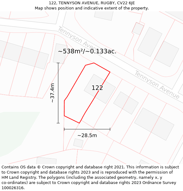 122, TENNYSON AVENUE, RUGBY, CV22 6JE: Plot and title map