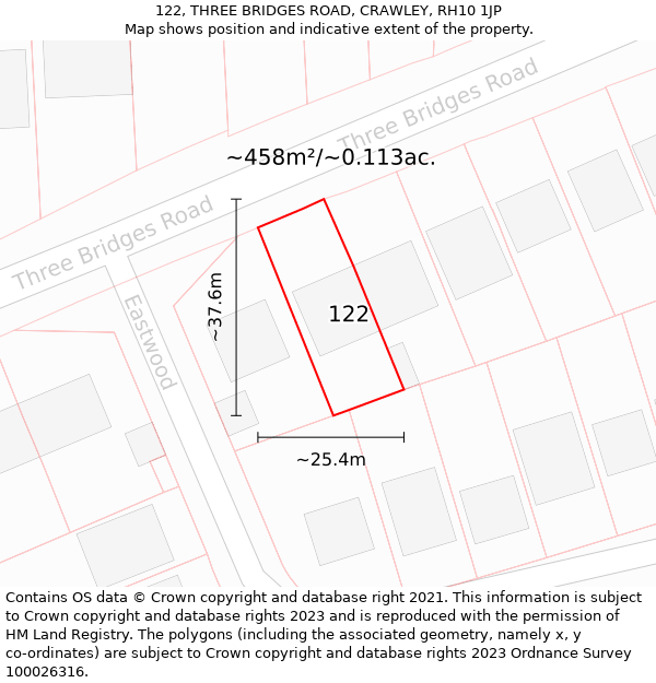 122, THREE BRIDGES ROAD, CRAWLEY, RH10 1JP: Plot and title map