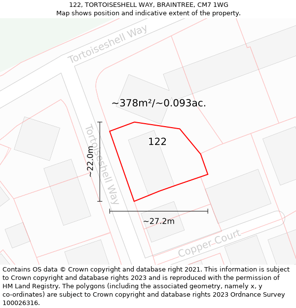 122, TORTOISESHELL WAY, BRAINTREE, CM7 1WG: Plot and title map