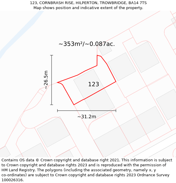 123, CORNBRASH RISE, HILPERTON, TROWBRIDGE, BA14 7TS: Plot and title map