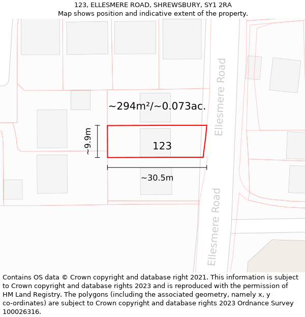 123, ELLESMERE ROAD, SHREWSBURY, SY1 2RA: Plot and title map