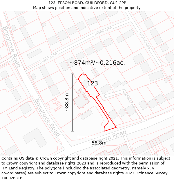 123, EPSOM ROAD, GUILDFORD, GU1 2PP: Plot and title map